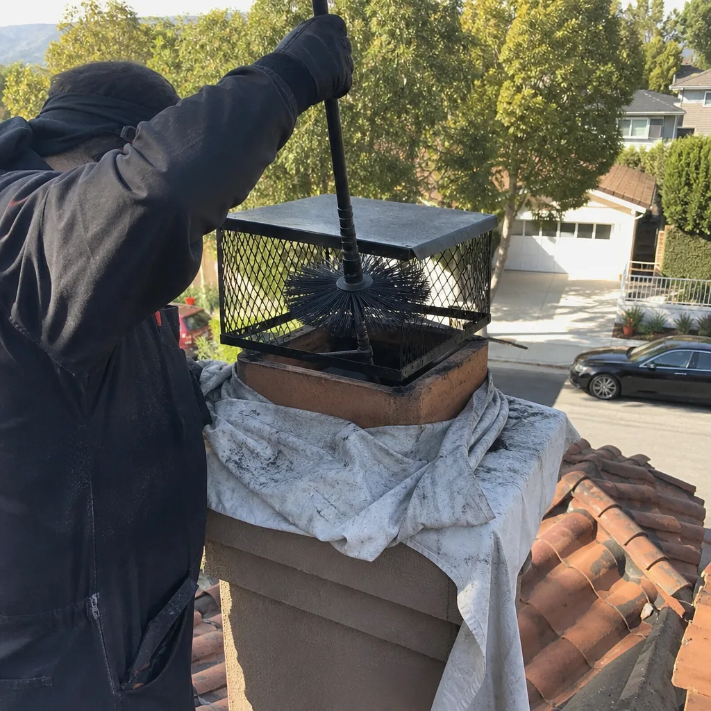 Professional chimney sweep cleaning a rooftop chimney with a flue brush